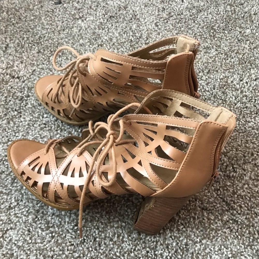 Tan lace wedge heels